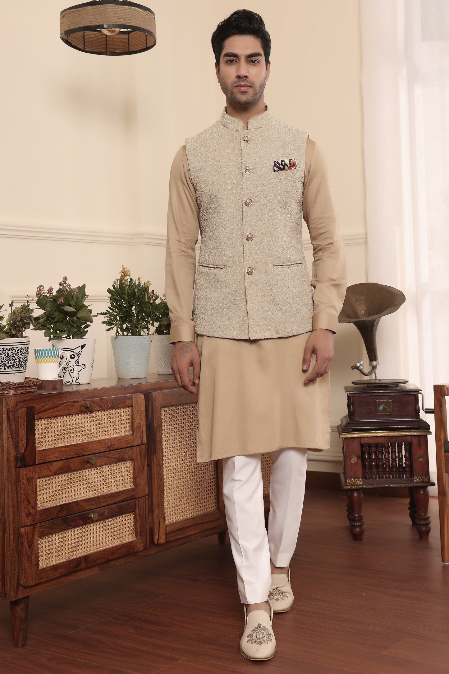 Beige Gold Kurta Pants & Nehru Jacket