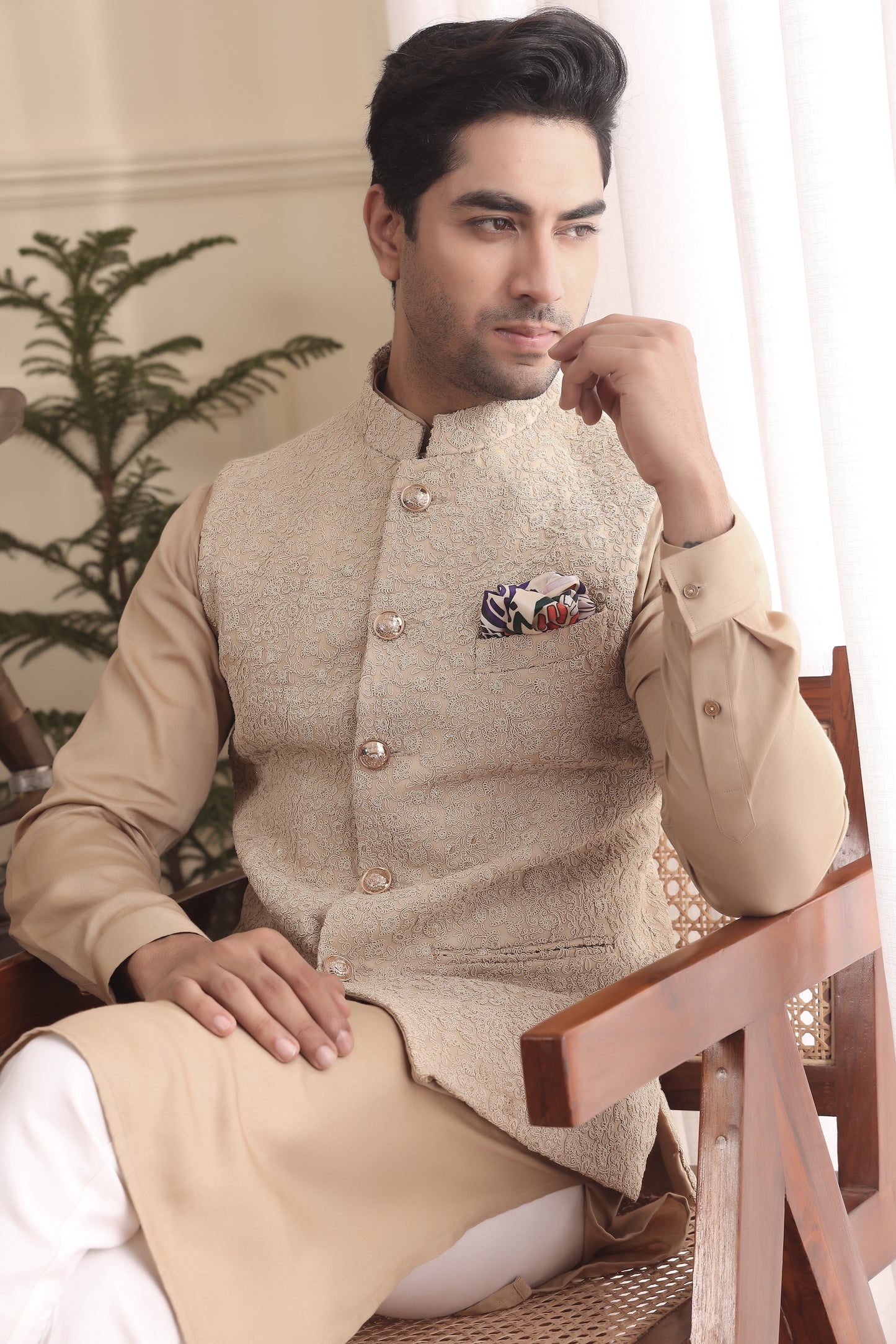 Beige Gold Kurta Pants & Nehru Jacket