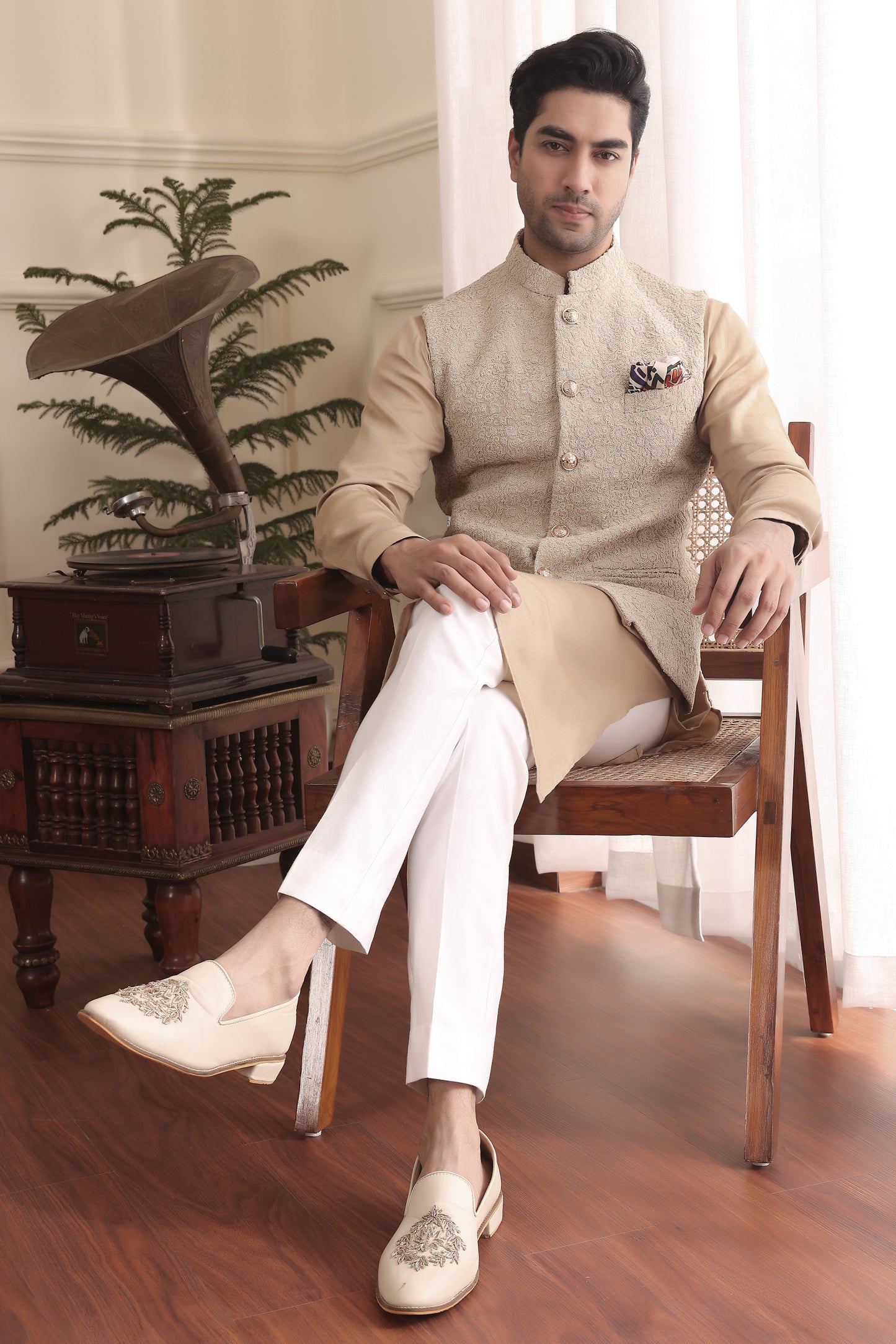 Beige Gold Kurta Pants & Nehru Jacket