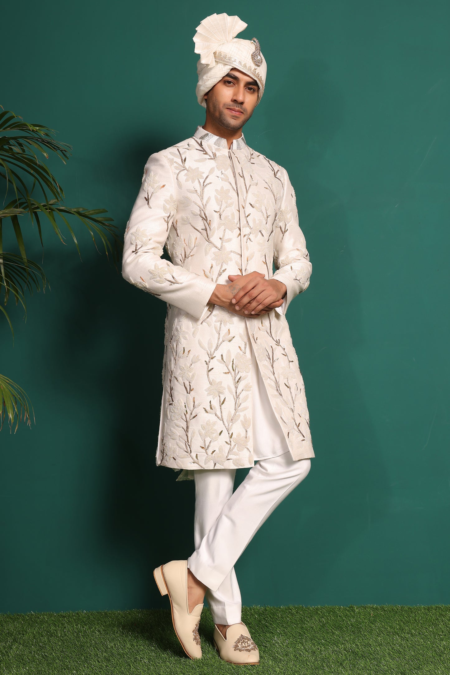 Ivory White Sherwani with Floral work