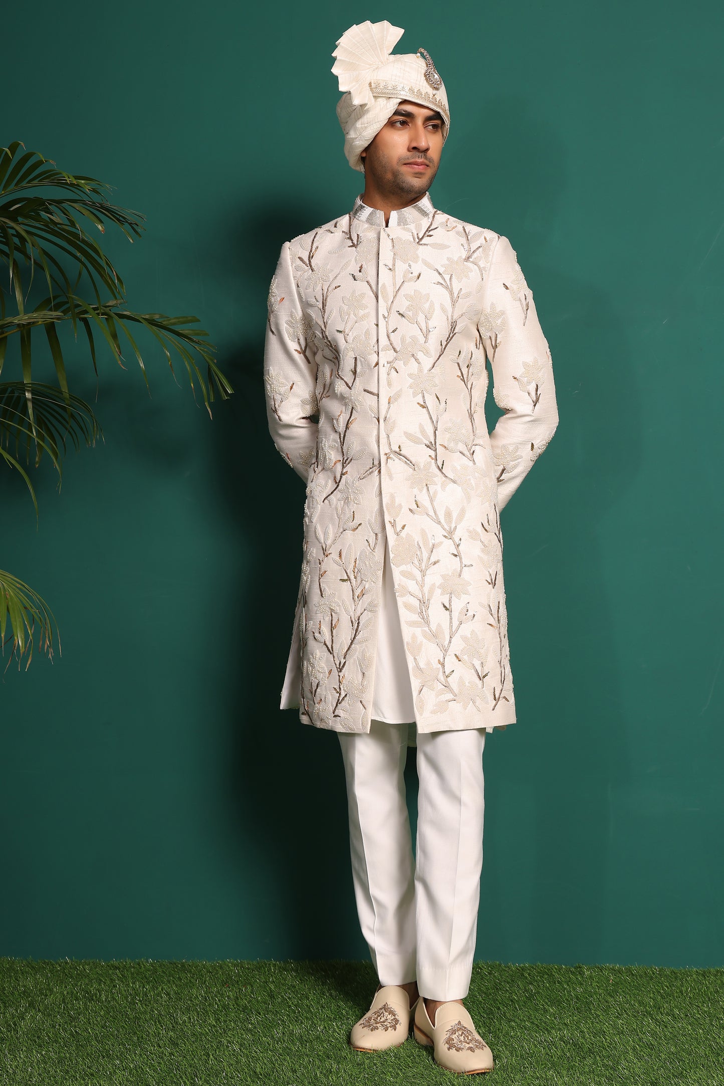 Ivory White Sherwani with Floral work