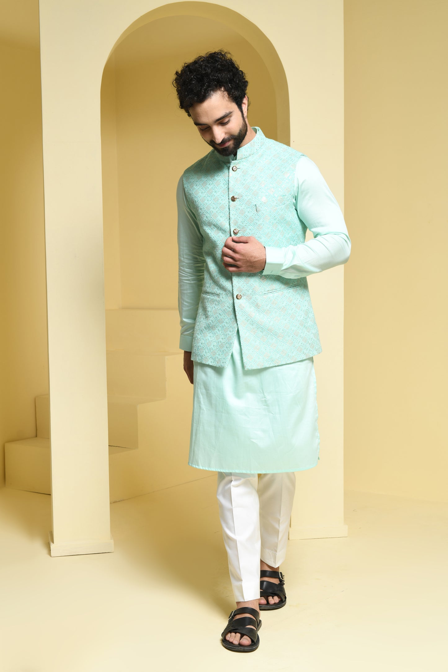 Mint green kurta set with embroidered mint green nehru jacket