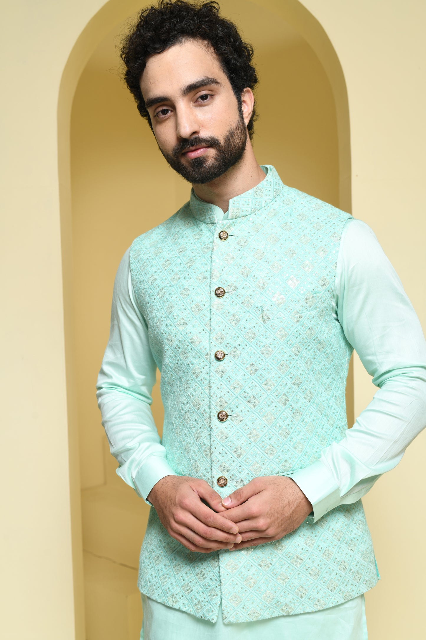 Mint green kurta set with embroidered mint green nehru jacket