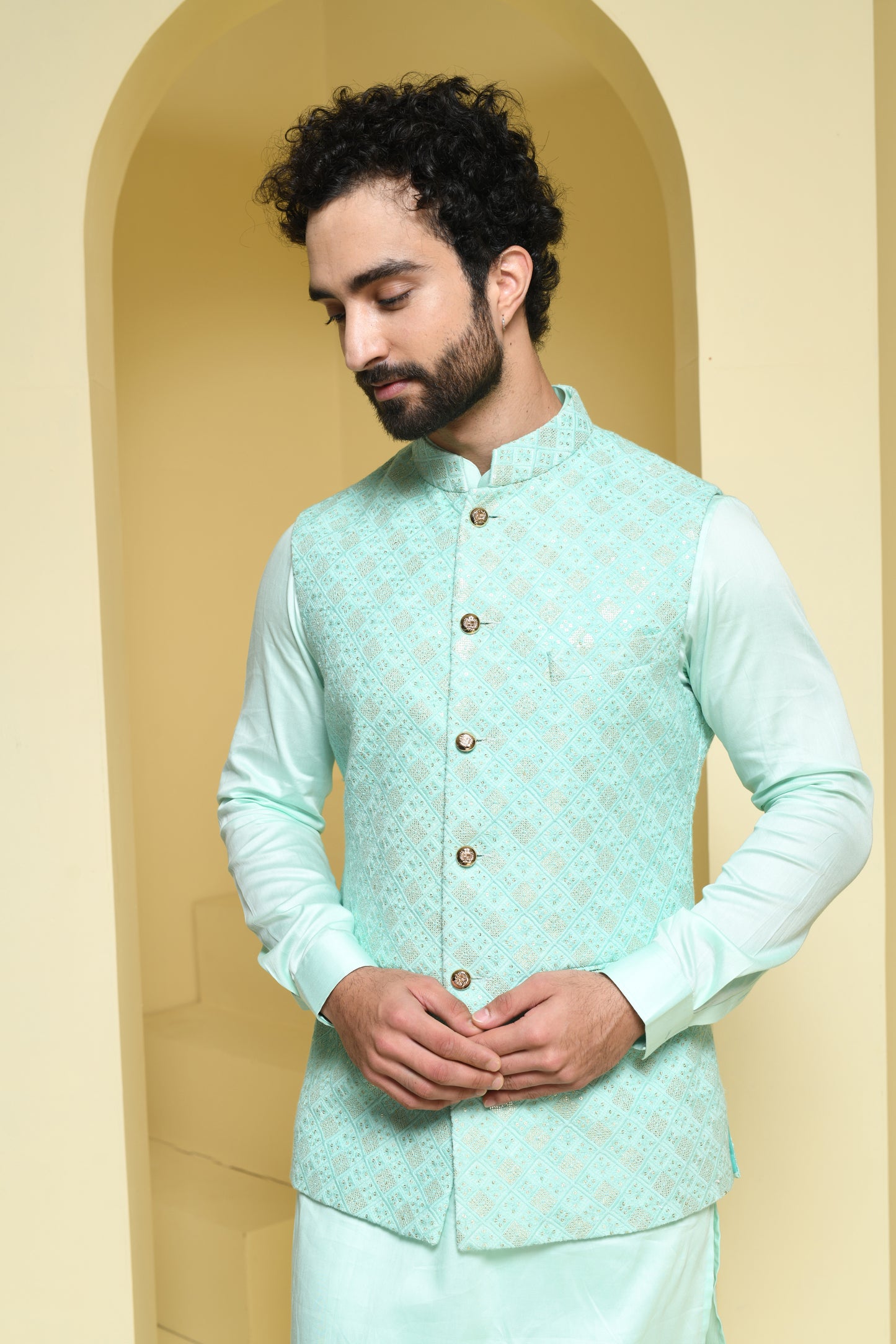 Mint green kurta set with embroidered mint green nehru jacket