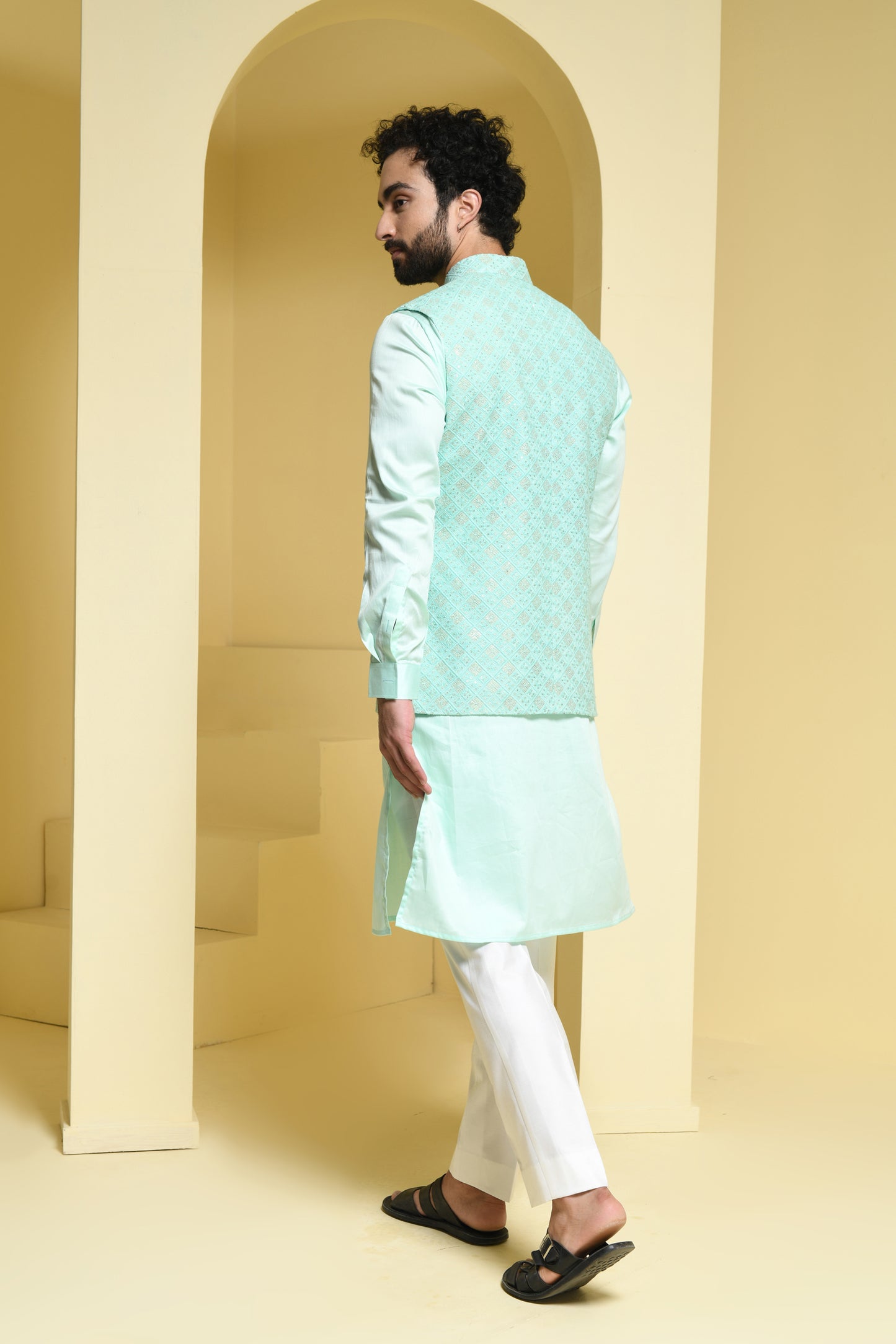 Mint green kurta set with embroidered mint green nehru jacket