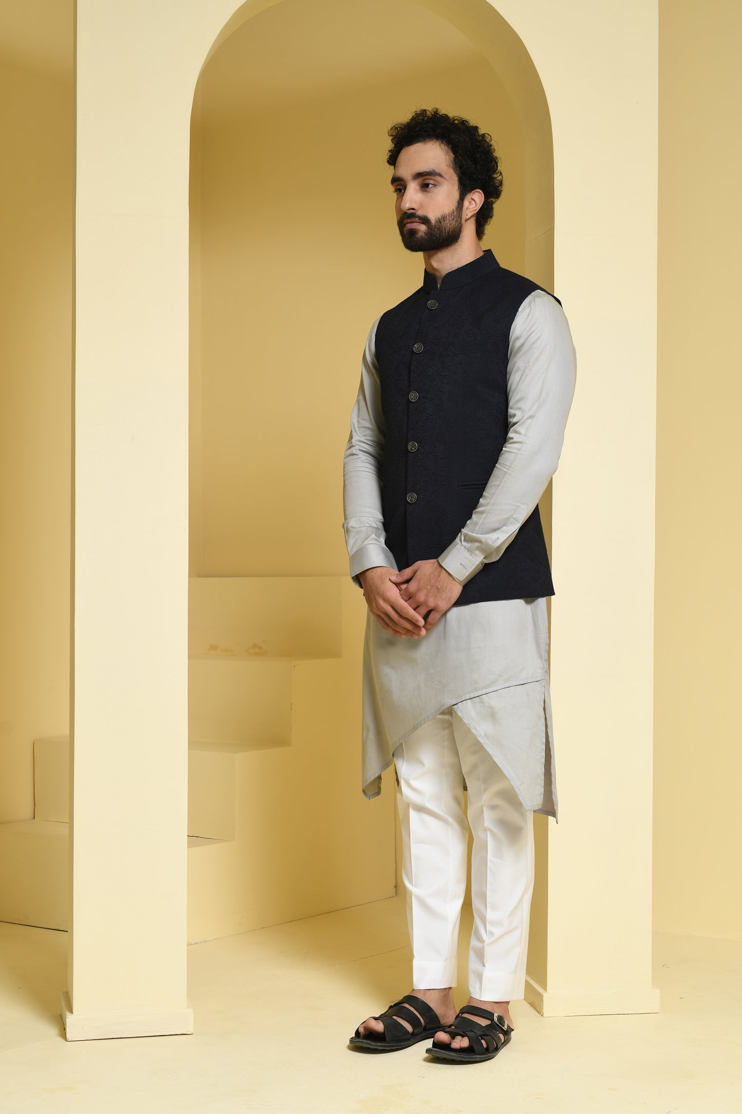 Off-Gray Solid Kurta with Nehru Jacket