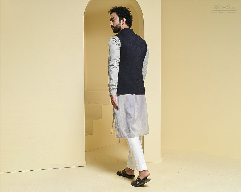 Off-Gray Solid Kurta with Nehru Jacket