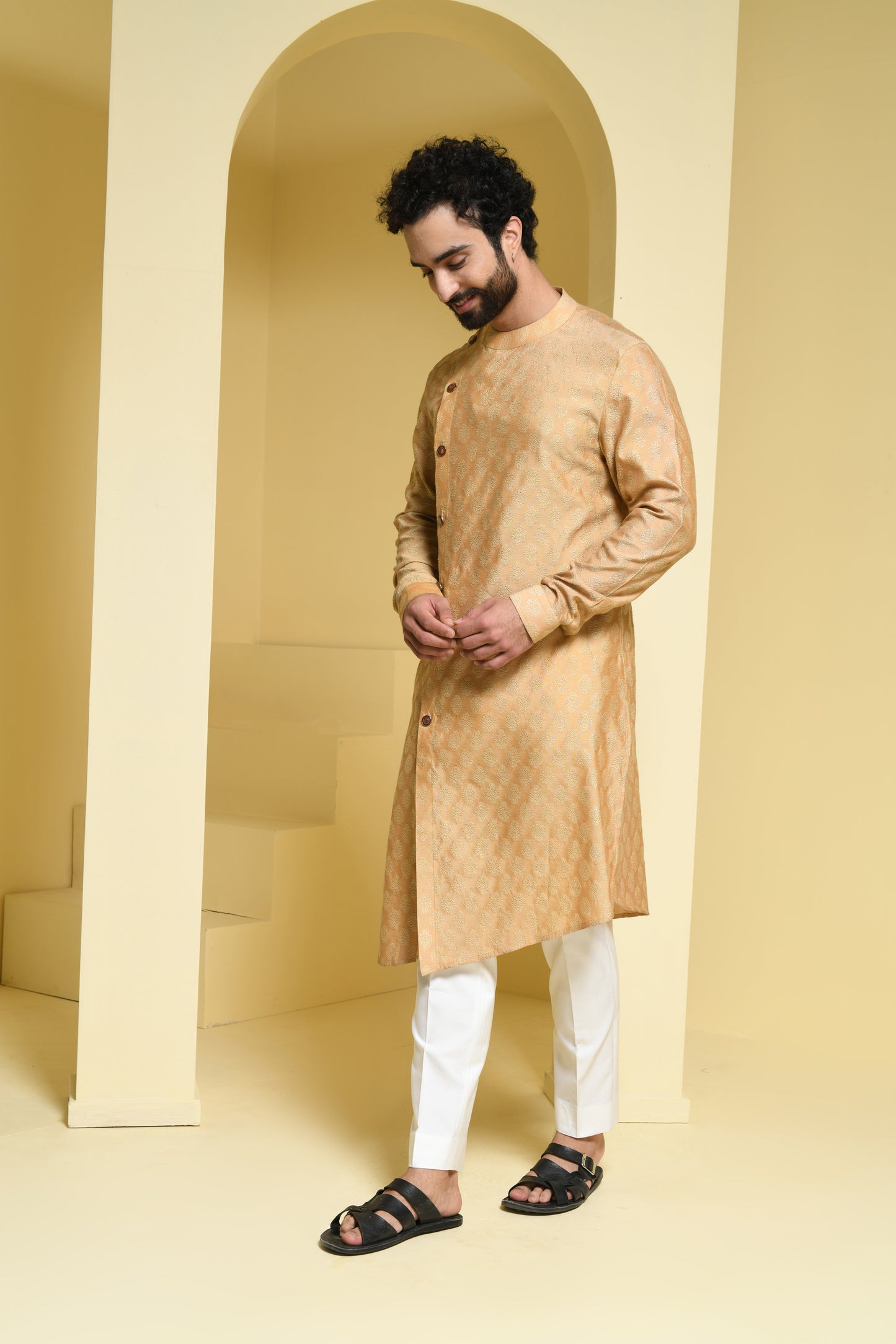 Beige Textured Cut Style Cotton Kurta Set