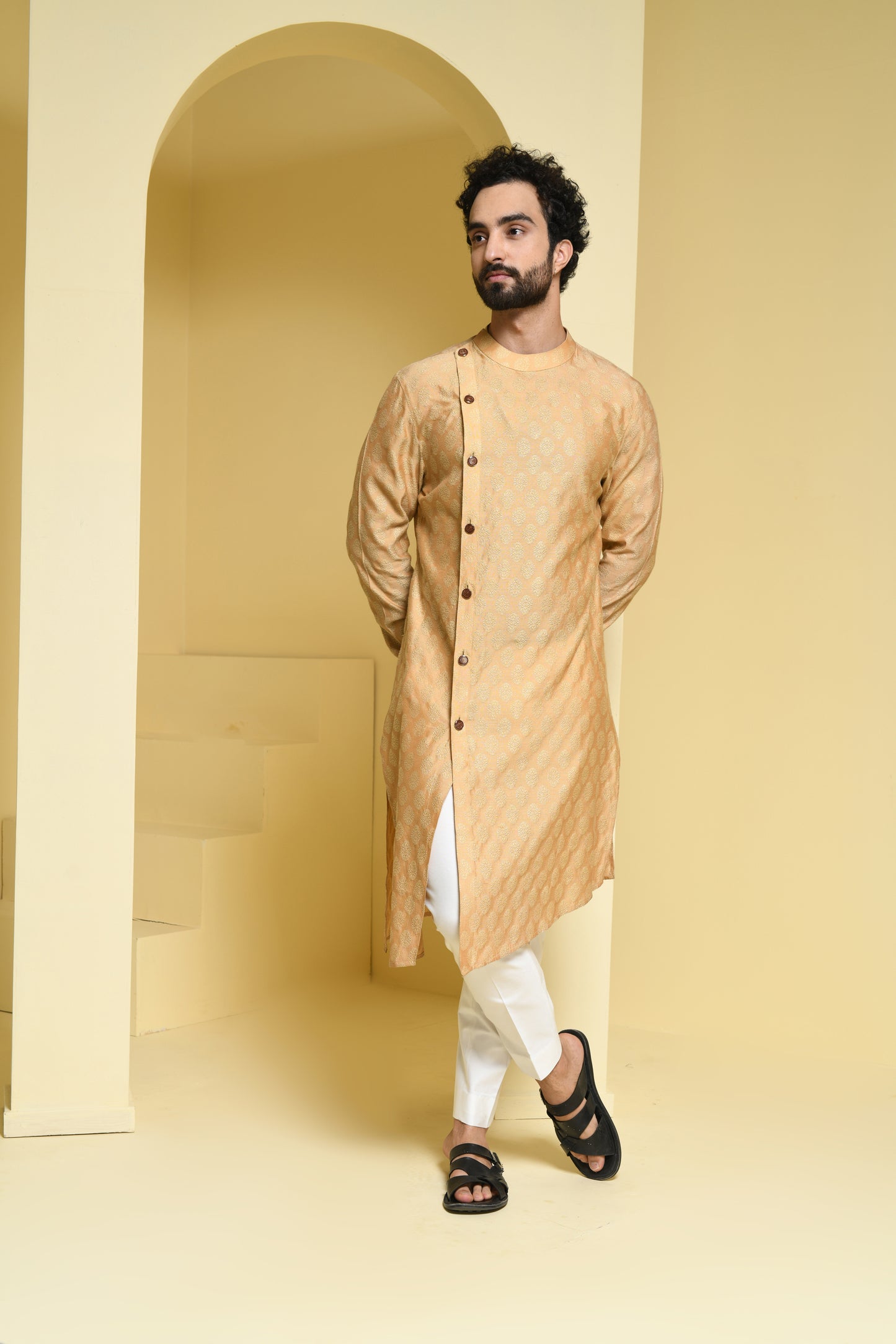 Beige Textured Cut Style Cotton Kurta Set