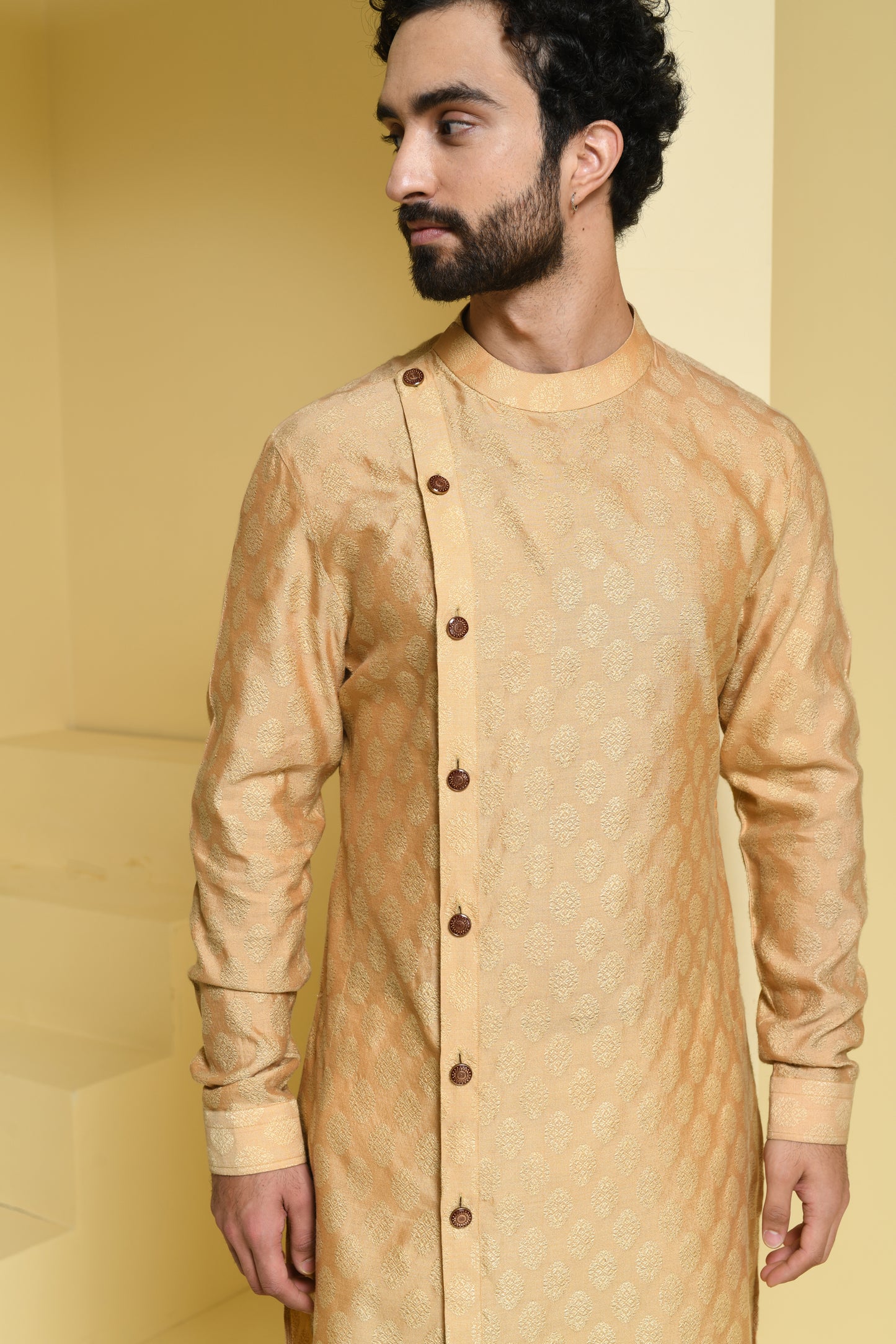 Beige Textured Cut Style Cotton Kurta Set