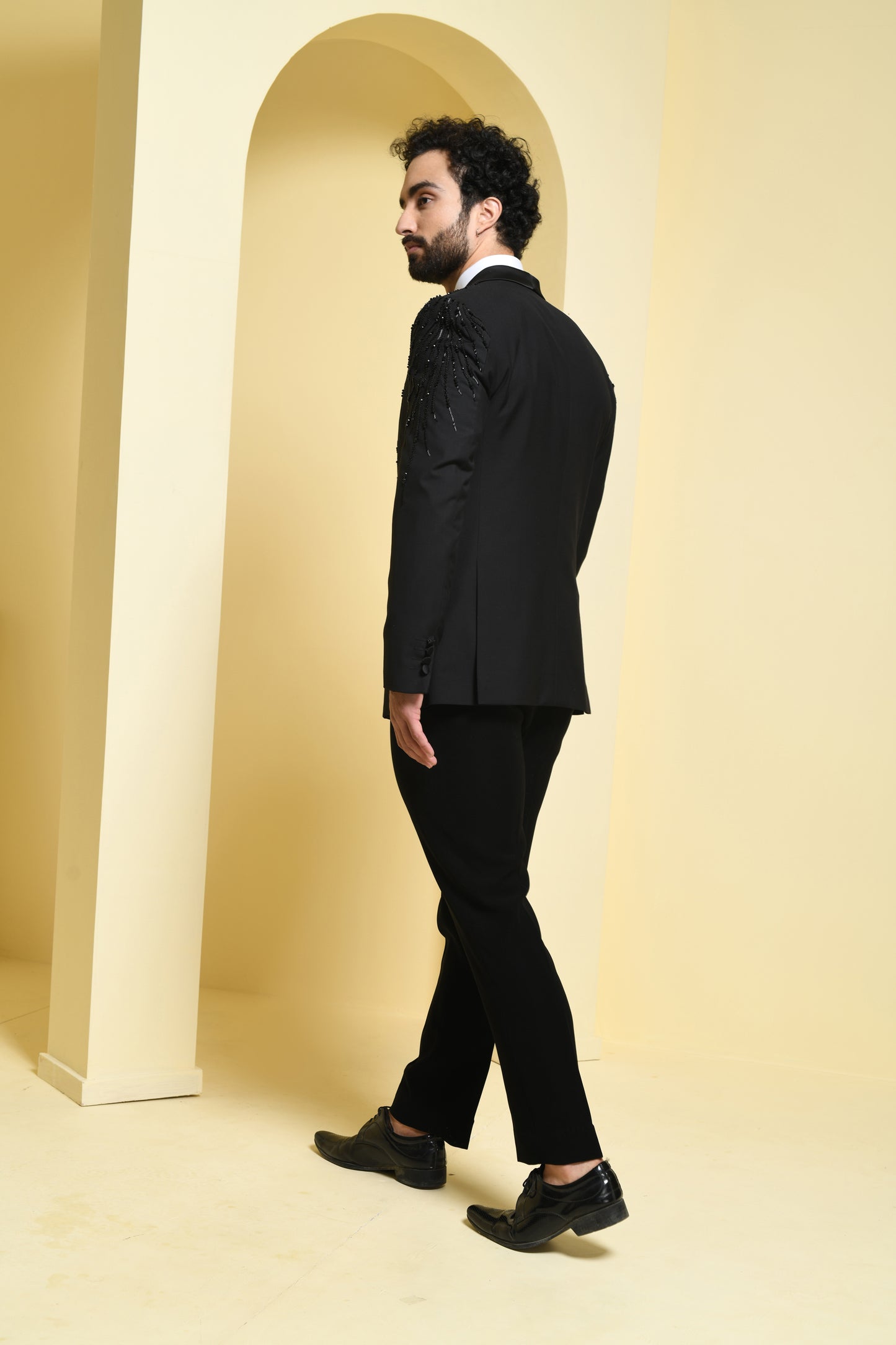 Black Self Designed Embroidered Tuxedo Set