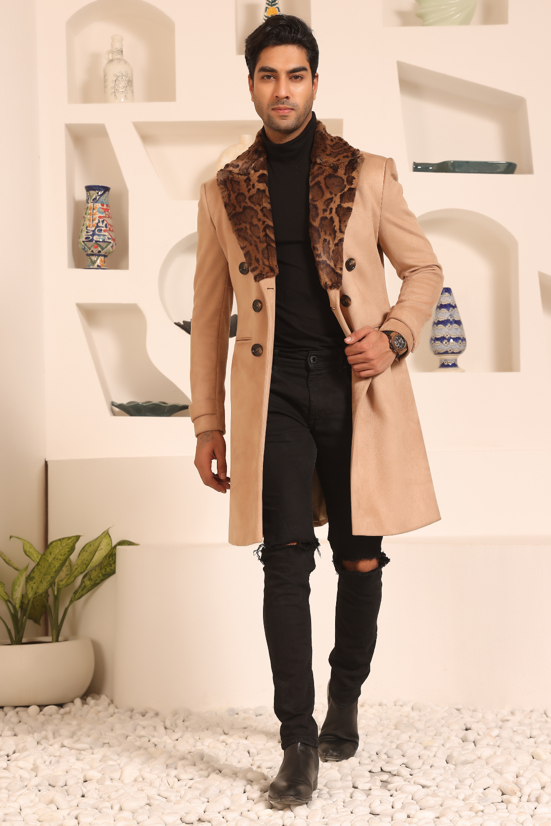 Beige Double Breasted Overcoat