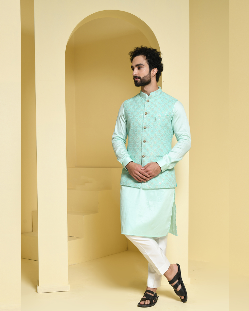 Mint green kurta set with embroidered mint green nehru jacket