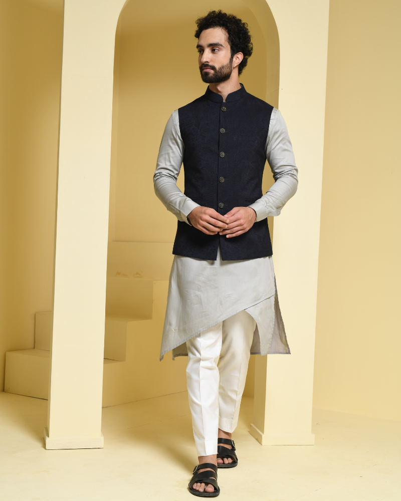 Off-Gray Solid Kurta with Nehru Jacket